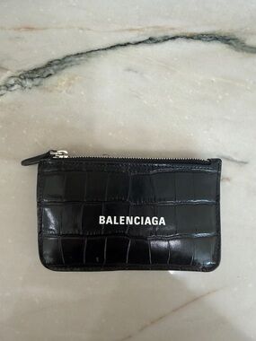 Balenciaga Black Croc-Embossed Zip Card Wallet with White Logo